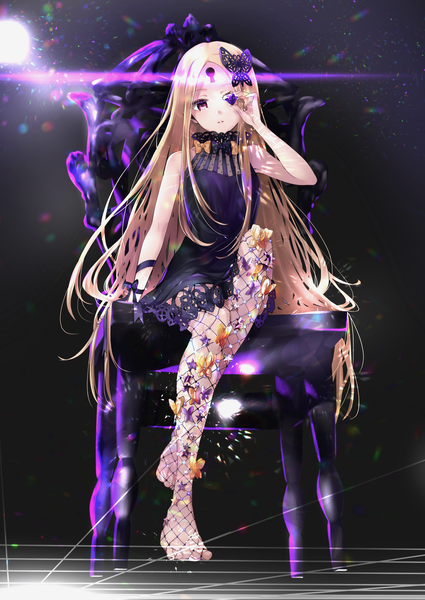 Anime picture 2508x3541 with fate (series) fate/grand order abigail williams (fate) hane yuki single long hair tall image looking at viewer fringe highres simple background blonde hair red eyes sitting bare shoulders holding payot full body parted lips head tilt