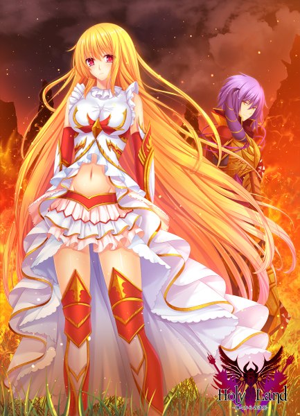 Anime picture 867x1200 with original toshi (1-147) tall image blush fringe short hair breasts light erotic blonde hair red eyes standing purple eyes purple hair very long hair multicolored hair bare belly groin gradient hair smoke hands behind back