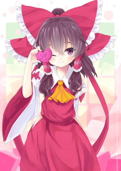 Anime picture 1200x1694 with touhou hakurei reimu numako single long hair tall image black hair smile red eyes one eye closed wink girl bow hair bow detached sleeves heart