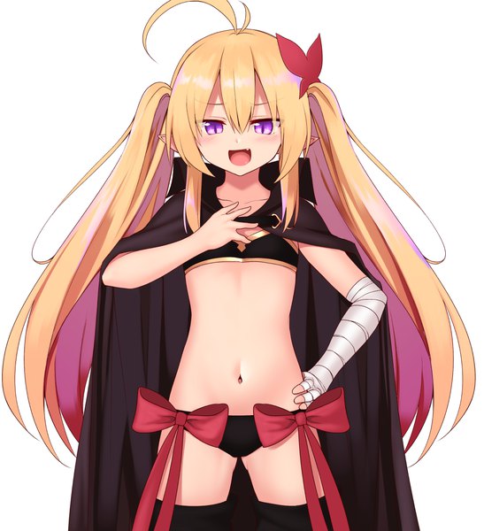 Anime picture 1000x1095 with original mahcdai single long hair tall image looking at viewer blush fringe open mouth light erotic simple background blonde hair smile hair between eyes standing white background purple eyes twintails payot ahoge