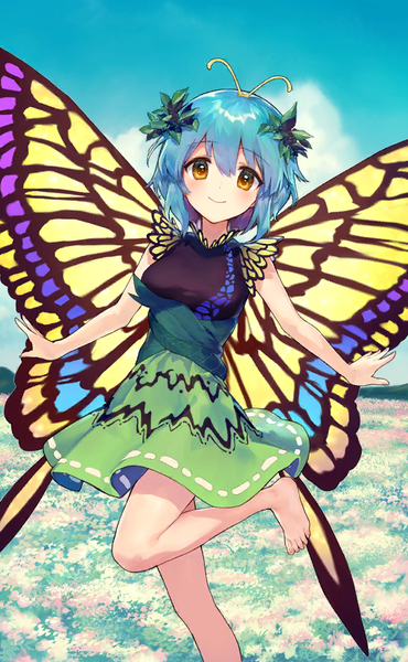 Anime picture 510x825 with touhou touhou cannonball eternity larva ainy single tall image looking at viewer blush short hair smile standing brown eyes blue hair sky outdoors barefoot standing on one leg spread arms insect wings butterfly wings