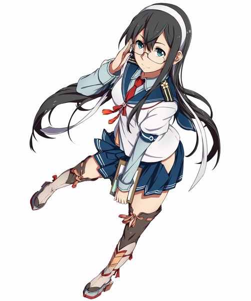 Anime picture 1709x2040 with kantai collection ooyodo light cruiser sblack single long hair tall image looking at viewer highres blue eyes black hair white background girl skirt glasses boots hairband thigh boots