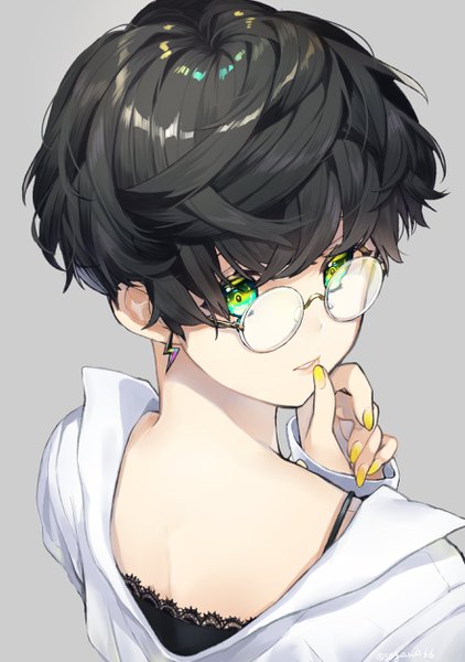 Anime picture 1763x2507 with original sogawa single tall image looking at viewer highres short hair black hair simple background standing green eyes signed upper body long sleeves nail polish parted lips looking back fingernails from behind grey background