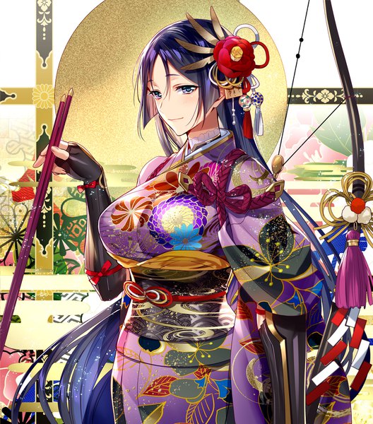 Anime picture 1762x2000 with fate (series) fate/grand order minamoto no raikou (fate) murakami yuichi single tall image looking at viewer blush fringe highres breasts blue eyes hair between eyes standing holding blue hair purple hair very long hair traditional clothes japanese clothes