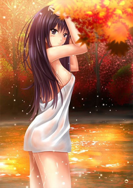 Anime picture 707x1000 with original toshi (1-147) single long hair tall image blush light erotic black hair looking back black eyes wet naked towel girl plant (plants) tree (trees) leaf (leaves) towel