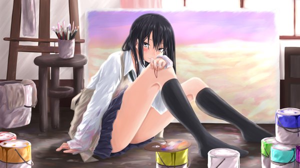 Anime picture 3241x1823 with original rutchifu single long hair fringe highres black hair smile wide image sitting brown eyes sky cloud (clouds) bent knee (knees) no shoes girl uniform school uniform socks black socks