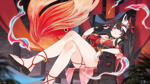 Anime picture 3840x2160 with honkai: star rail honkai (series) sparkle (honkai: star rail) mao shi shisan single long hair looking at viewer fringe highres light erotic black hair smile red eyes wide image sitting twintails bare shoulders holding absurdres bent knee (knees)