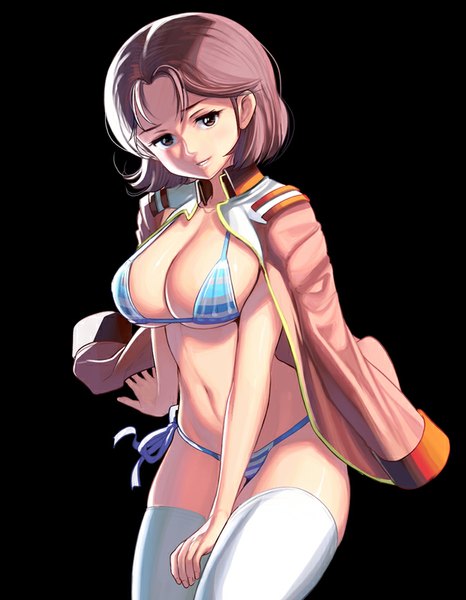 Anime picture 621x800 with mobile suit gundam sunrise (studio) mirai yashima masao single tall image looking at viewer fringe breasts light erotic simple background brown hair large breasts brown eyes parted lips head tilt fingernails light smile lips open jacket