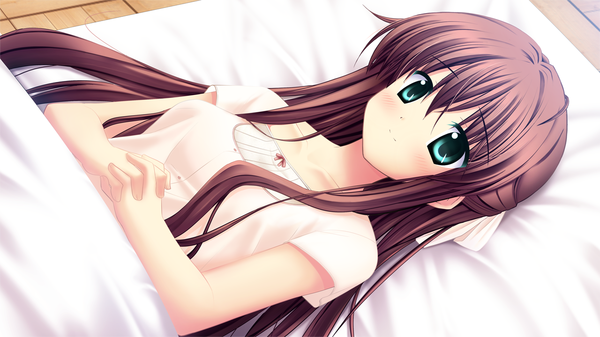 Anime picture 1280x720 with aqua (game) akizuki tsukasa long hair brown hair wide image green eyes game cg lying girl