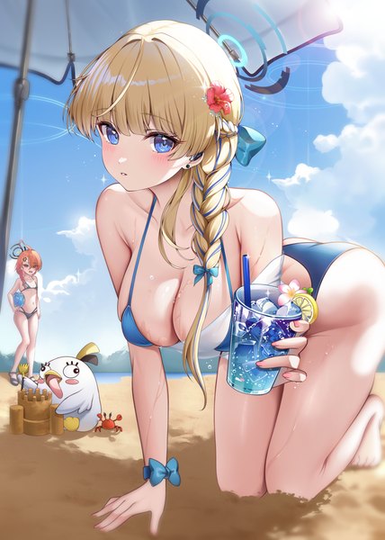 Anime picture 2000x2804 with blue archive toki (blue archive) neru (blue archive) peroro (blue archive) ssong2 long hair tall image looking at viewer blush fringe highres breasts open mouth blue eyes light erotic blonde hair red eyes large breasts standing multiple girls