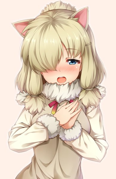 Anime picture 975x1500 with kemono friends alpaca suri (kemono friends) kuragari (artist) single long hair tall image looking at viewer blush fringe open mouth blue eyes blonde hair animal ears upper body long sleeves cat ears hair over one eye teeth fur trim pink background