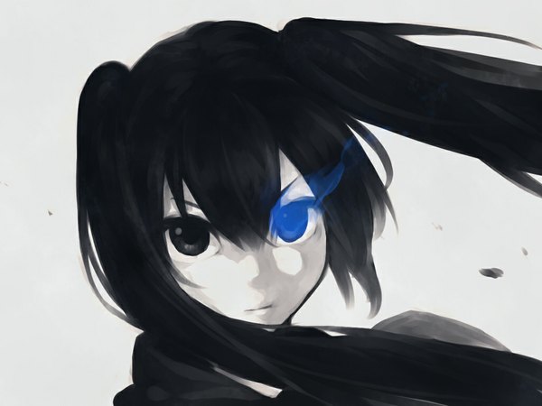 Anime picture 1024x768 with black rock shooter black rock shooter (character) junwool single long hair looking at viewer black hair simple background twintails wind black eyes grey background glowing monochrome face glowing eye (eyes) pale skin girl