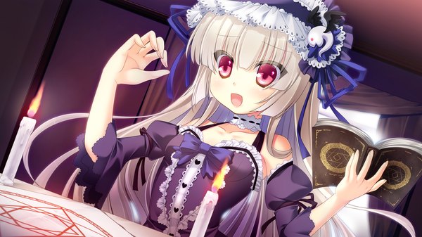 Anime picture 2560x1440 with otama! iina turunen omiya single long hair highres open mouth red eyes wide image game cg white hair loli magic lolita fashion girl dress detached sleeves headphones book (books) candle (candles) magic circle