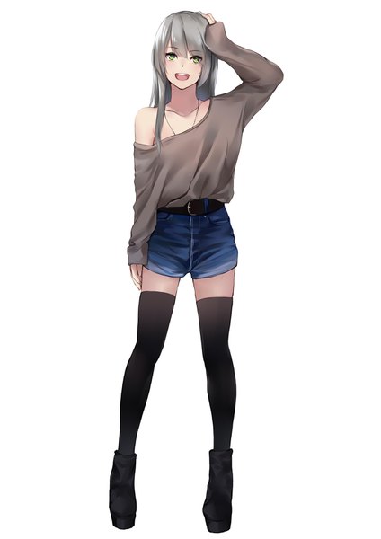 Anime picture 2480x3507 with girls frontline ump40 (girls frontline) ina (inadiary) single long hair tall image looking at viewer blush fringe highres open mouth simple background smile standing white background bare shoulders green eyes full body long sleeves grey hair
