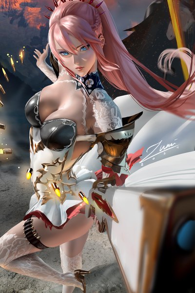 Anime-Bild 2339x3508 mit tales of (series) tales of arise shionne (tales) zumi (zumidraws) single long hair tall image looking at viewer fringe highres breasts blue eyes light erotic hair between eyes large breasts standing holding signed payot pink hair