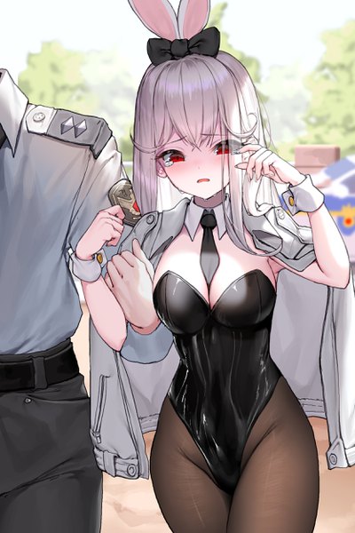Anime-Bild 1667x2500 mit original lee seok ho long hair tall image looking at viewer blush fringe breasts open mouth light erotic hair between eyes red eyes large breasts standing animal ears silver hair outdoors fingernails blurry bunny ears