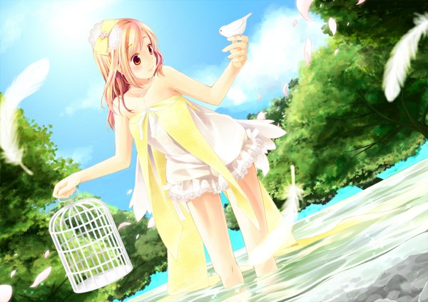 Anime picture 1075x759 with original ahira yuzu single long hair red eyes brown hair dress plant (plants) animal tree (trees) water bird (birds) feather (feathers) cage java sparrow