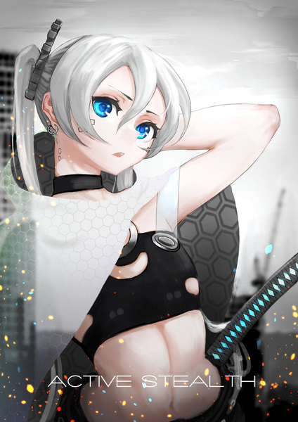 Anime-Bild 2480x3508 mit original asagon007 single long hair tall image looking at viewer fringe highres breasts open mouth blue eyes hair between eyes standing twintails silver hair text arm behind head english invisible girl