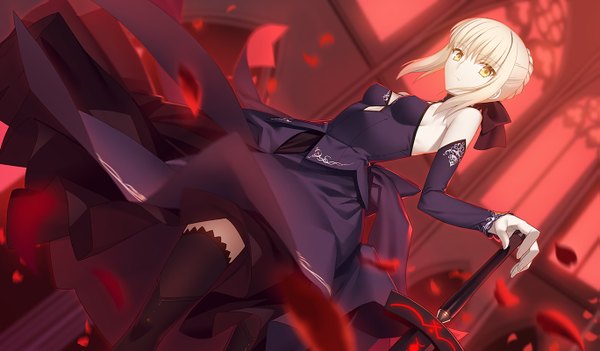 Anime picture 1367x800 with fate (series) fate/stay night type-moon artoria pendragon (all) saber saber alter yangsion single looking at viewer short hair blonde hair wide image yellow eyes girl thighhighs dress weapon black thighhighs detached sleeves petals