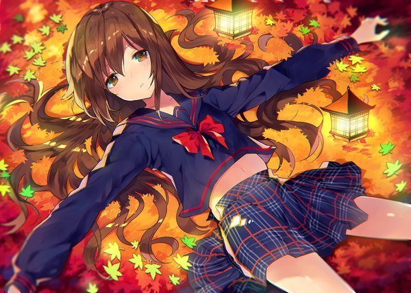 Anime picture 1401x1000 with original rugo single long hair looking at viewer blush fringe hair between eyes brown hair brown eyes lying long sleeves blurry on back depth of field plaid skirt light expressionless autumn girl