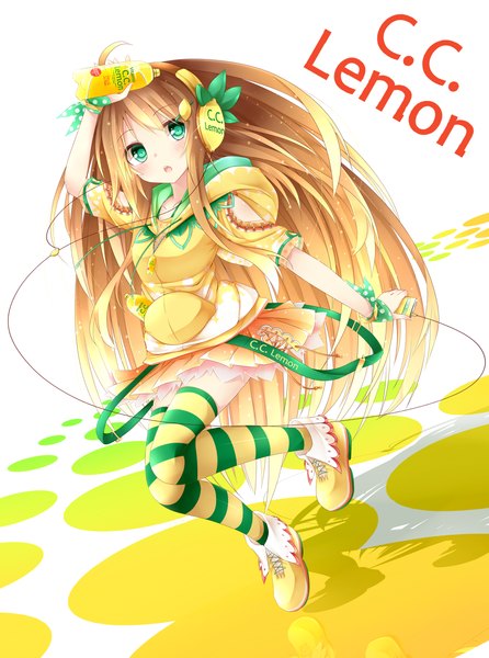 Anime picture 1000x1346 with original c.c. lemon c.c. lemon (character) chabaneko single long hair tall image looking at viewer open mouth brown hair green eyes girl thighhighs dress shoes headphones striped thighhighs digital media player
