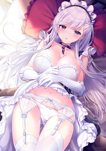 Anime picture 723x1023 with azur lane belfast (azur lane) pontaro18 single long hair tall image looking at viewer blush fringe breasts light erotic large breasts purple eyes bare shoulders payot cleavage silver hair lying braid (braids) maid