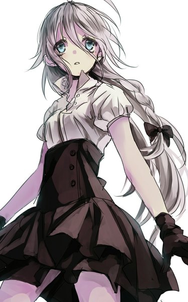 Anime picture 625x1000 with vocaloid ia (vocaloid) nonoharak single long hair tall image fringe simple background standing white background looking away braid (braids) aqua eyes grey hair from below alternate costume single braid alternate hairstyle alternate color girl