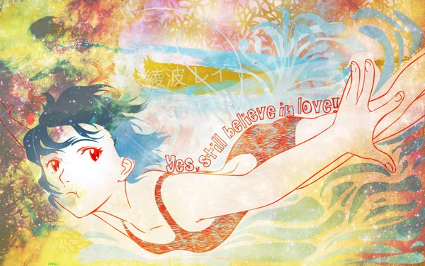 Anime picture 1680x1050 with neon genesis evangelion gainax ayanami rei single looking at viewer short hair black hair red eyes wide image underwater third-party edit swimming girl swimsuit one-piece swimsuit