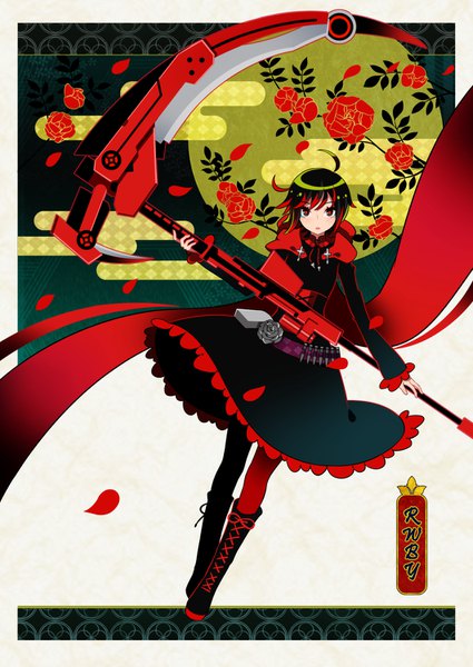 Anime picture 1062x1500 with rwby rooster teeth ruby rose lam (ramdayo) single tall image looking at viewer short hair black hair full body ahoge black eyes :o character names lacing egasumi girl flower (flowers) weapon petals