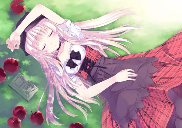 Anime picture 1254x886 with original ooba kagerou single long hair pink hair lying eyes closed girl dress hat apple
