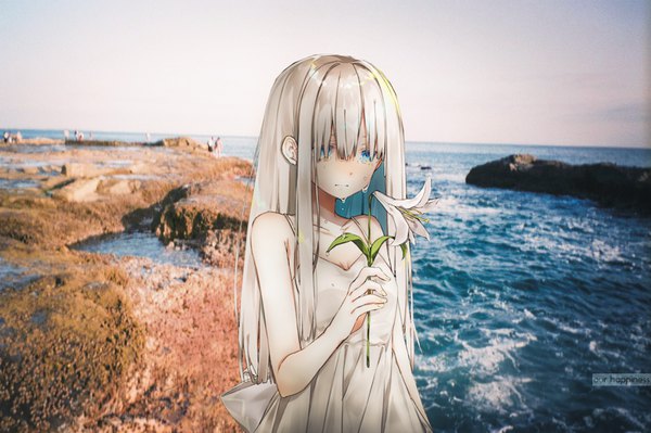 Anime picture 1280x853 with original oshio (dayo) our happiness single long hair blush fringe blue eyes hair between eyes standing bare shoulders holding signed looking away silver hair blurry tears crying rock sad