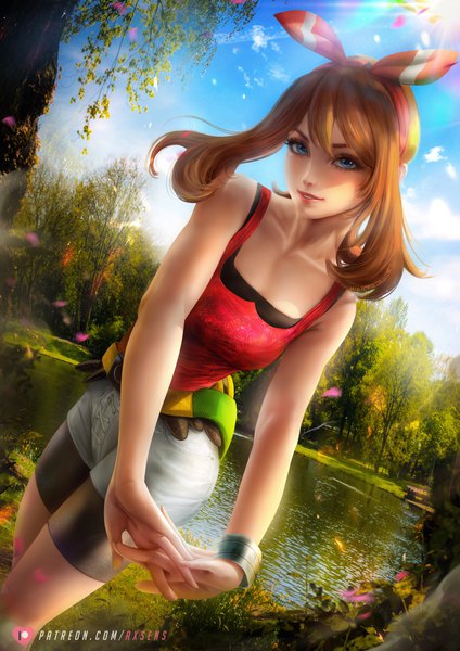 Anime picture 3532x5000 with pokemon pokemon rse nintendo may (pokemon) axsen single long hair tall image fringe highres blue eyes brown hair signed looking away absurdres outdoors realistic watermark interlocked fingers lake