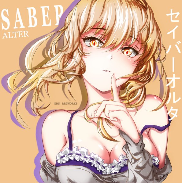 Anime picture 1500x1513 with fate (series) fate/stay night artoria pendragon (all) saber alter gbsartworks single long hair tall image looking at viewer blush fringe breasts light erotic blonde hair simple background hair between eyes large breasts signed yellow eyes payot