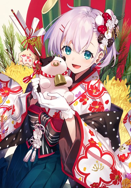 Anime picture 625x900 with original asahikawa hiyori single tall image fringe short hair open mouth hair between eyes looking away silver hair traditional clothes :d japanese clothes aqua eyes floral print new year girl gloves hair ornament flower (flowers)