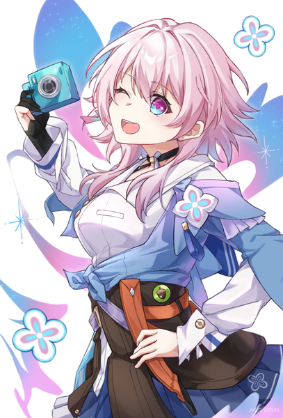 Anime picture 1080x1594 with honkai: star rail honkai (series) march 7th (honkai: star rail) aki shiorin single tall image fringe short hair open mouth hair between eyes looking away pink hair one eye closed wink hand on hip ;d multicolored eyes girl choker camera