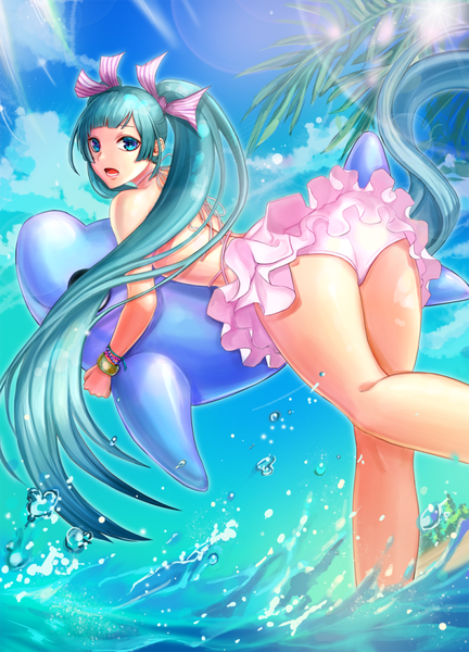 Anime picture 700x972 with original luili single tall image looking at viewer fringe open mouth blue eyes light erotic standing twintails holding sky cloud (clouds) ass outdoors very long hair looking back wind from behind