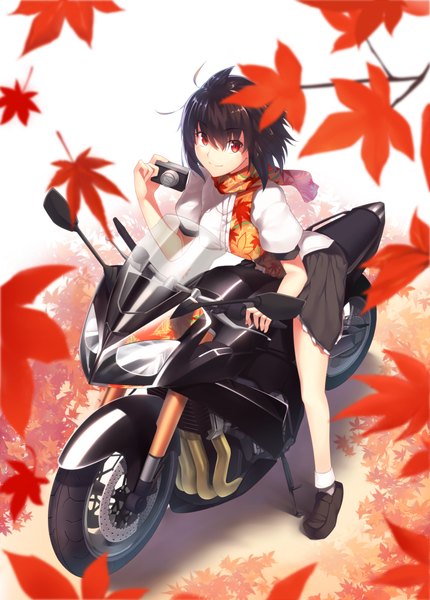 Anime picture 717x1000 with touhou shameimaru aya kaiza (rider000) single tall image looking at viewer short hair black hair red eyes girl skirt scarf leaf (leaves) camera motorcycle