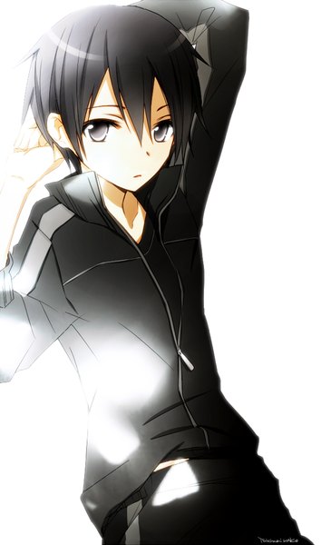 Anime picture 620x1049 with sword art online a-1 pictures kirigaya kazuto tsukimori usako single tall image looking at viewer short hair black hair simple background white background signed black eyes arm behind head boy