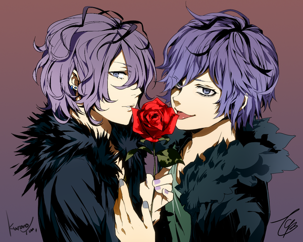 Anime picture 1280x1024 with ib (game) garry (ib) tcb (pixiv) kurono yuu short hair open mouth simple background purple eyes signed purple hair nail polish dual persona boy flower (flowers) earrings tongue rose (roses) fur