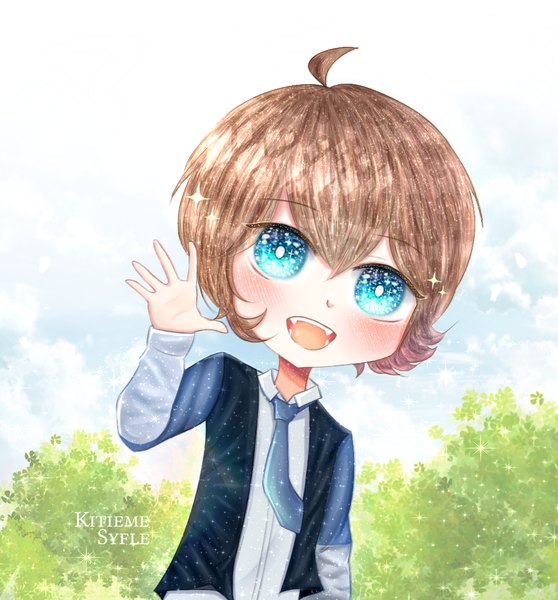 Anime picture 1059x1140 with original kitieme syfle single tall image looking at viewer blush fringe short hair open mouth blue eyes smile hair between eyes brown hair signed sky cloud (clouds) upper body ahoge outdoors :d