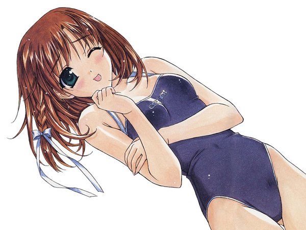 Anime picture 1024x768 with original hasumi elan single one eye closed wink :p swimsuit tongue one-piece swimsuit school swimsuit