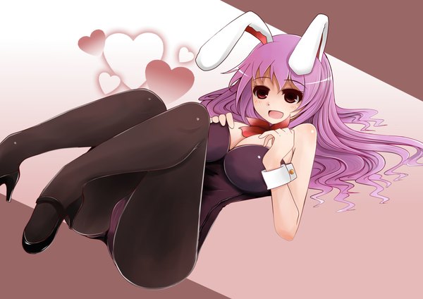 Anime picture 1250x884 with touhou reisen udongein inaba arano oki long hair blush open mouth light erotic red eyes purple hair bunny ears bunny girl girl heart bunnysuit