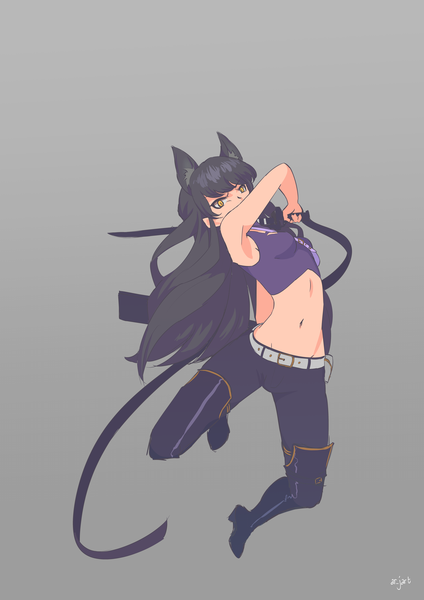 Anime picture 4961x7016 with rwby rooster teeth blake belladonna ar jart single long hair tall image looking at viewer highres black hair simple background signed animal ears yellow eyes absurdres cat ears grey background bare belly sleeveless serious