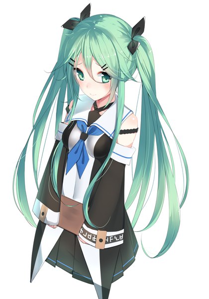 Anime picture 1240x1772 with kantai collection yamakaze (kantai collection) gin00 single long hair tall image looking at viewer blush fringe simple background hair between eyes white background twintails holding green eyes pleated skirt green hair light smile wide sleeves embarrassed