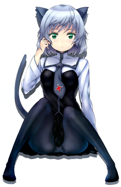 Anime picture 777x1200 with strike witches sanya v. litvyak zizi (zz22) single tall image looking at viewer short hair light erotic simple background white background sitting green eyes animal ears ass tail animal tail grey hair cat ears cat tail pantyshot