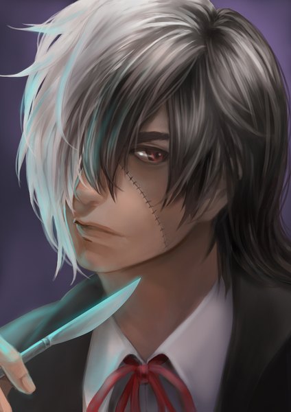 Anime picture 1000x1415 with black jack hazama kuroo catlover single tall image black hair simple background brown eyes white hair multicolored hair two-tone hair portrait scar close-up face purple background boy knife