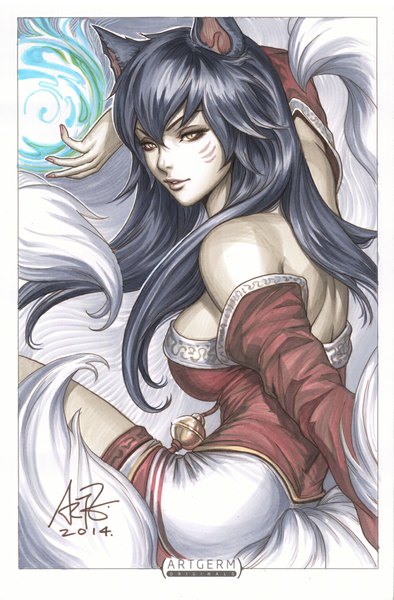 Anime picture 657x1000 with league of legends ahri (league of legends) artgerm (stanley lau) single long hair tall image open mouth black hair bare shoulders animal ears yellow eyes looking away tail nail polish animal tail realistic back facial mark fighting stance whisker markings