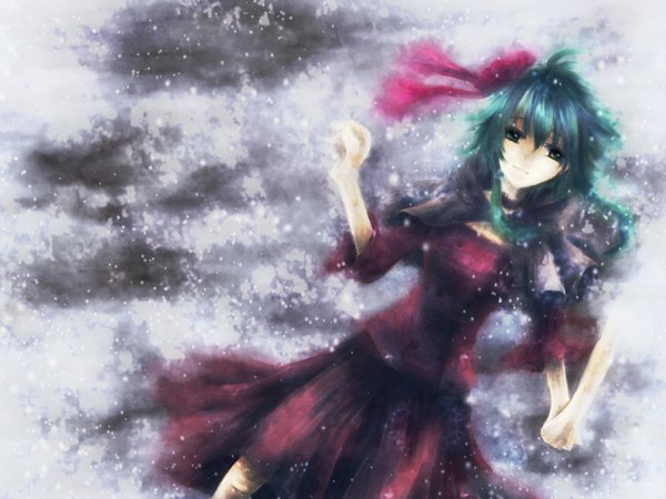 Anime picture 1600x1200 with vocaloid gumi single long hair green eyes lying green hair from above on back snowing winter snow girl dress hair ornament ribbon (ribbons) hair ribbon red dress