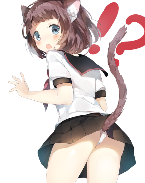 Anime picture 1710x2160 with original umibouzu (niito) single tall image looking at viewer blush highres short hair open mouth light erotic simple background brown hair standing white background animal ears ass tail animal tail cat ears :o