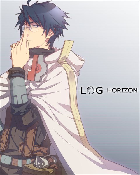 Anime picture 864x1080 with log horizon shiroe chimachi single tall image looking at viewer short hair black hair simple background black eyes grey background copyright name hand on hip adjusting glasses boy glasses mantle